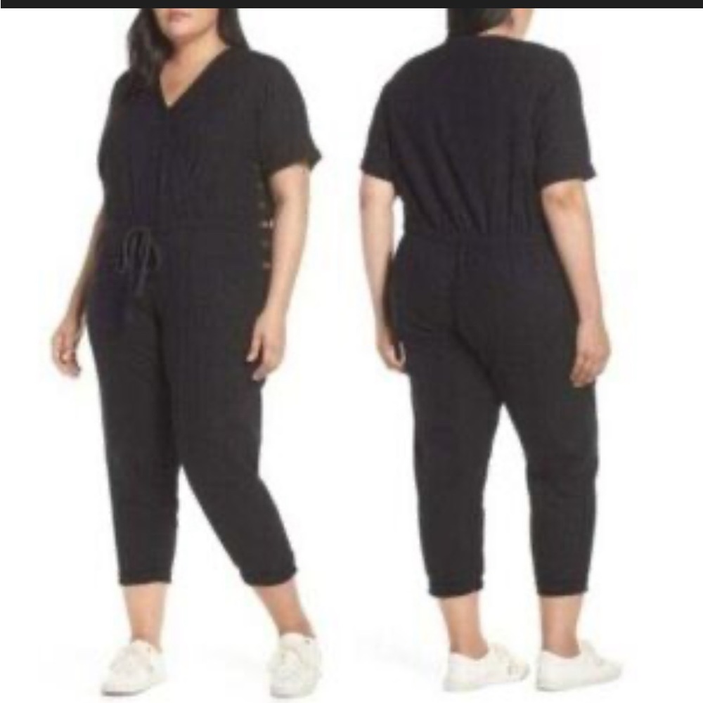 Caslon Linen Blend Jumpsuit Romper Black Cinch Waist Cropped Pant 16W